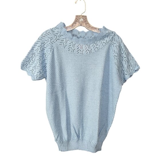 Vintage 80s Light Blue Short-Sleeve Knit Sweater With Scalloped Neckline - Picture 1 of 7